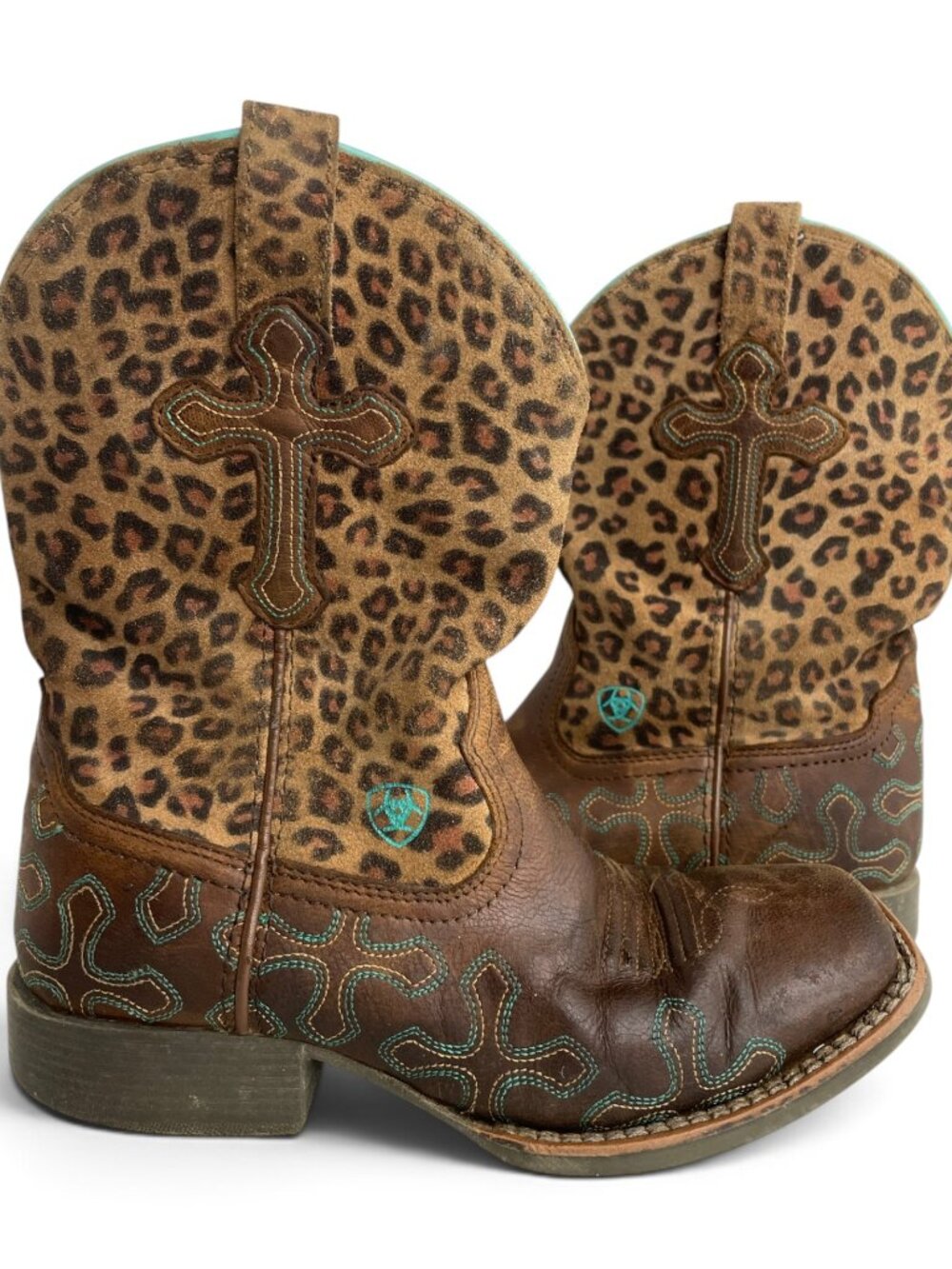 Ariat Crossroads Leopard Cross Leather Western Square Toe Boots Girls Kids 1